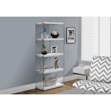 Monarch Specialties Bookshelf, Bookcase, Etagere, 5 Tier, 60"H, Office, Bedroom, Tempered Glass, Glossy White, Clear I 3289